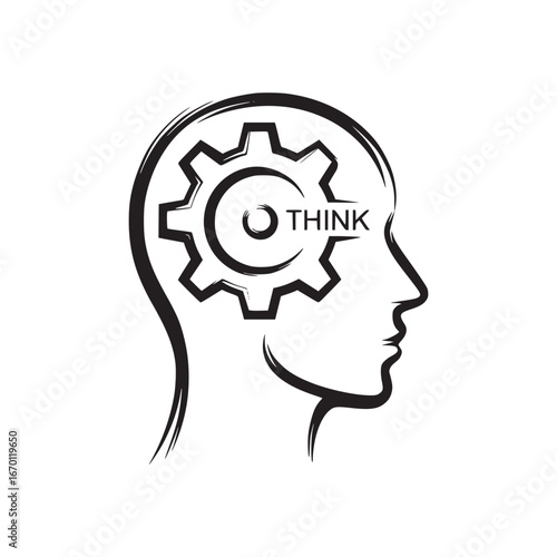 Outline of a human head with a gear inside containing the word think in black and white style