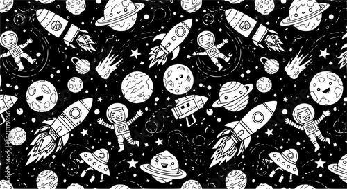 Fun outer space adventure with planets rockets and spacemen creating an engaging cartoon pattern for kids

