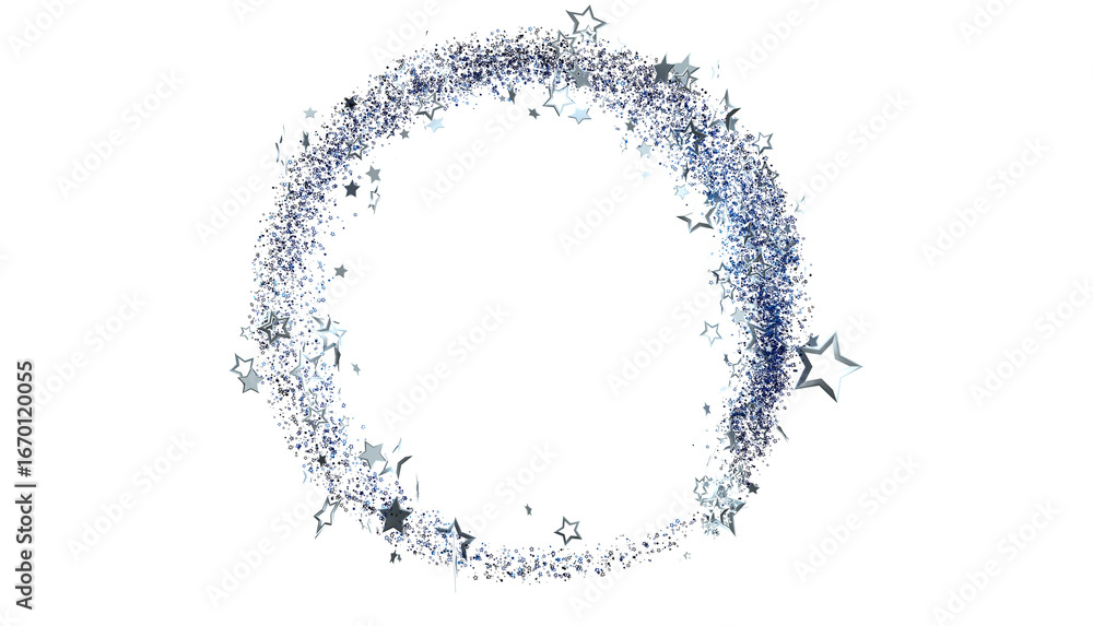 Fototapeta premium Sparkling silver stars and glitter form a beautiful circular frame, perfect for holidays or celebrations. Download now!
