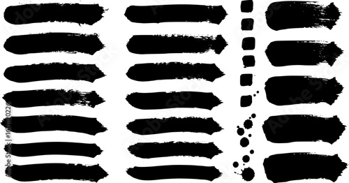 Set of black paint, ink brush strokes, brushes, lines, grungy. Abstract dirty artistic design elements, boxes, frames. Vector illustration. Isolated on white