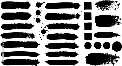 Set of black paint, ink brush strokes, brushes, lines, grungy. Abstract dirty artistic design elements, boxes, frames. Vector illustration. Isolated on white