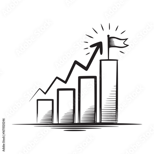 A black and white sketch of a bar graph with an arrow pointing up and a flag on the tallest bar