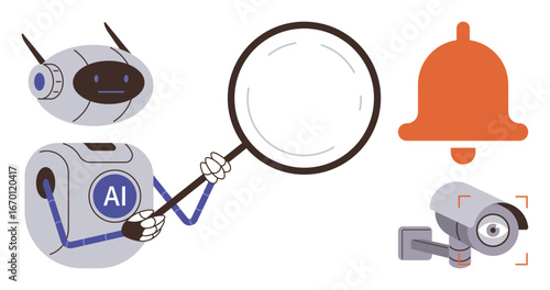 AI robot holding magnifying glass examining a surveillance camera and notification alert icon. Ideal for technology, AI, surveillance, security, analysis, problem-solving, and innovation concepts