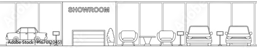 Car showroom graphic black white store interior long sketch illustration vector 