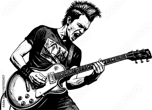 monochrome vector rockstar musician guitar in mezzotint photocopy effect, for grunge punk y2k collage design. guitarist vocalist retro elements. brutalist vintage illustration music poster.