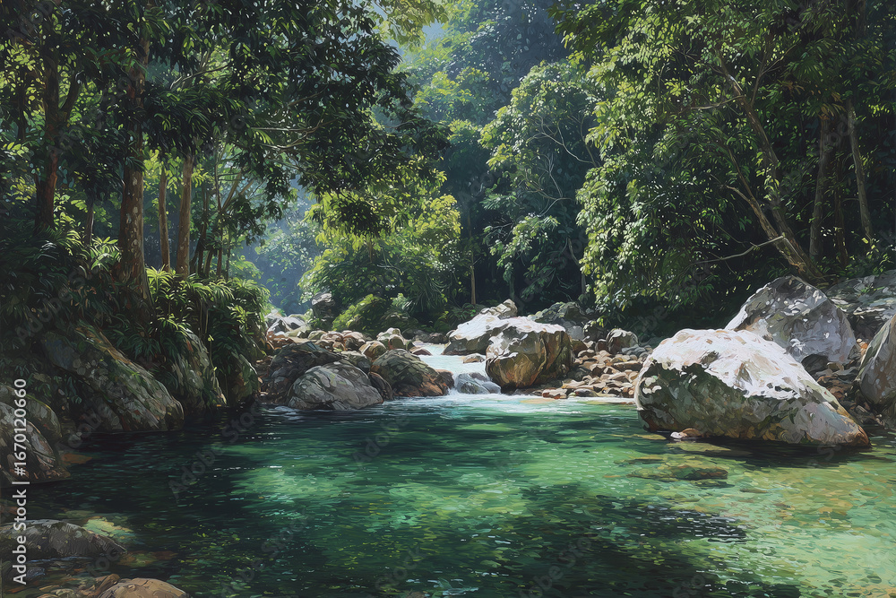 Fototapeta premium spring at the head of the river, water comes out of a crack in the rock, surrounded by dense green trees