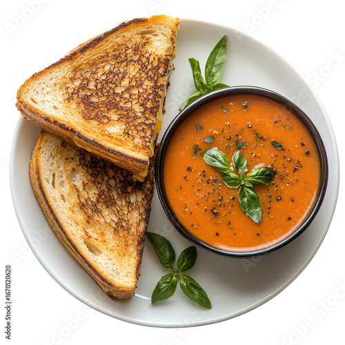 Warm grilled cheese sandwich served with creamy tomato soup garnished with fresh basil on a white plate on transparent background