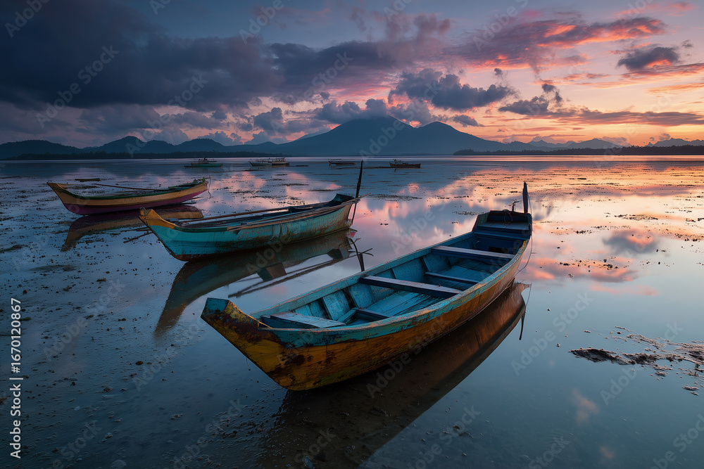 Fototapeta premium estuary with small fishing boats moored, reflection of the evening sun on the water surface