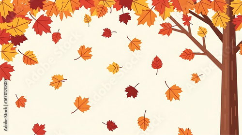 Illustration of falling leaves in autumn colors with a tree trunk on the right side of the image