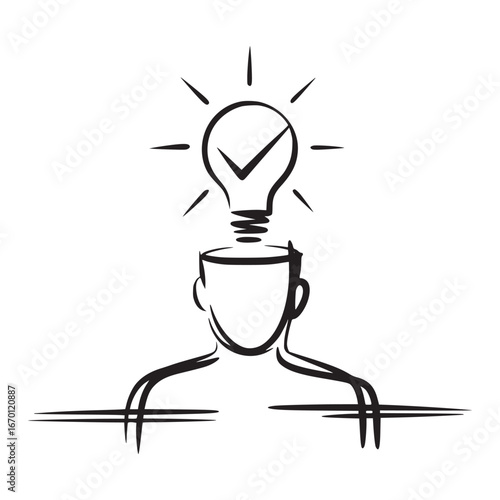 A sketch of a person with a lightbulb above their head representing an idea or creative thinking process