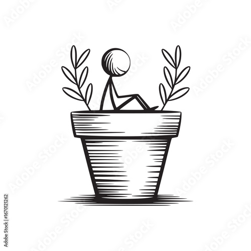 A stick figure sitting in a flower pot with plants on the sides in black and white illustration