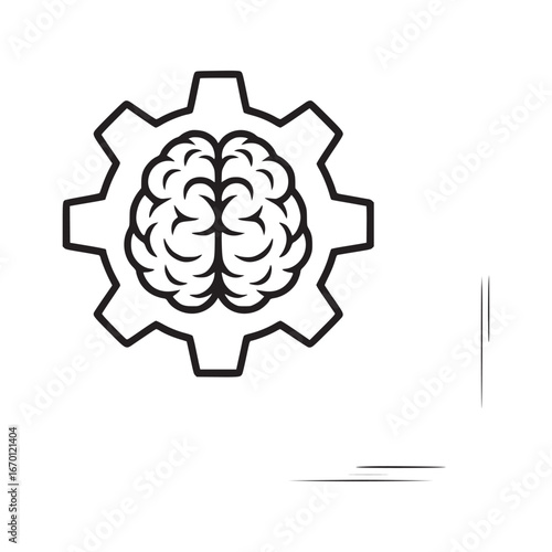 Outline drawing of a brain inside a gear on a white background showing concept of thinking process
