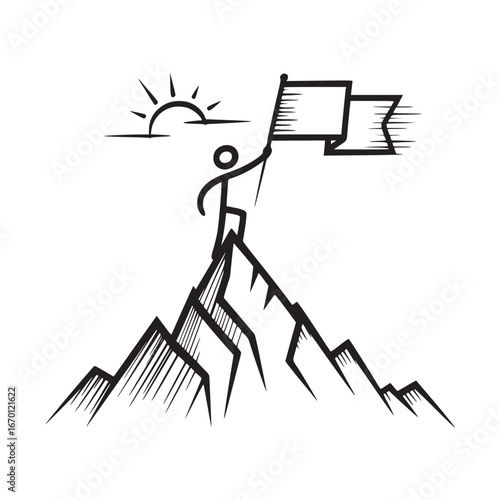 A stick figure holding a flag atop a mountain with the sun in the background line art drawing