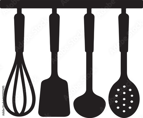 Hanging Utensil Set – Spatula, Ladle, Slotted Spoon – Line Drawing
