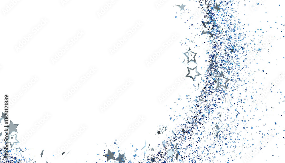 Fototapeta premium Sparkling blue glitter and silver stars on white. Perfect for festive designs, cards, and backgrounds.