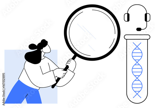 Woman holding a magnifying glass inspects test tube with DNA, headset symbolizes communication. Ideal for research, biotechnology, innovation, science, analysis, genetics education. Simple flat