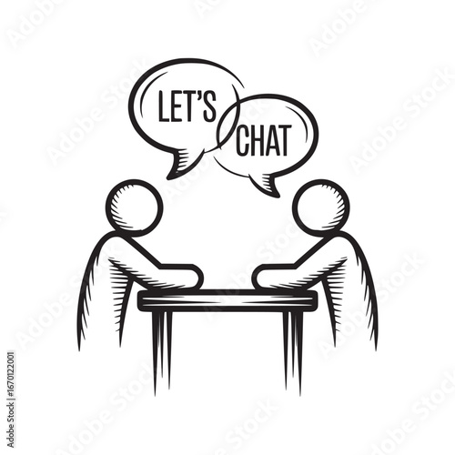 Two stick figures sitting at a table with speech bubbles that say let's chat in black and white