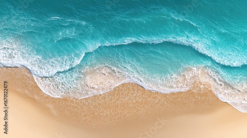 Serene Beach Scene: Aerial view of a pristine beach where turquoise ocean waves gently roll onto the shore. This photo captures the raw beauty of nature, creating a sense of peace and relaxation.
