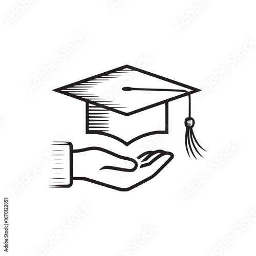 A hand holding a graduation cap with a tassel in a simple black and white line drawing style image