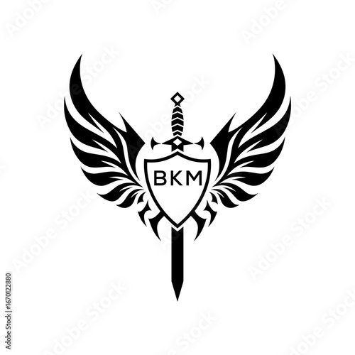BKM "Warrior Shield and Sword Emblem with Wings Logo," BKM Later Logo, "Black Tribal Winged Sword Crest Vector,"
