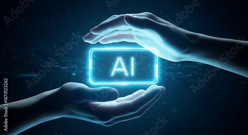 Two hands gently hold a glowing neon blue ai symbol against a dark futuristic background