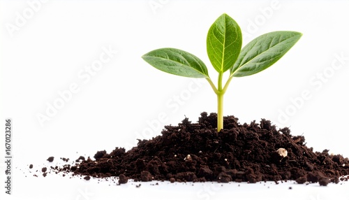 Young plant seedling with soil isolated on pure white seamless background in ultra-minimal futuristic style