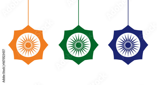 Minimalist design Three hanging circular Ashoka Chakra symbols each  suspended from  vertical lines in orange, green and blue color isolated on white background.