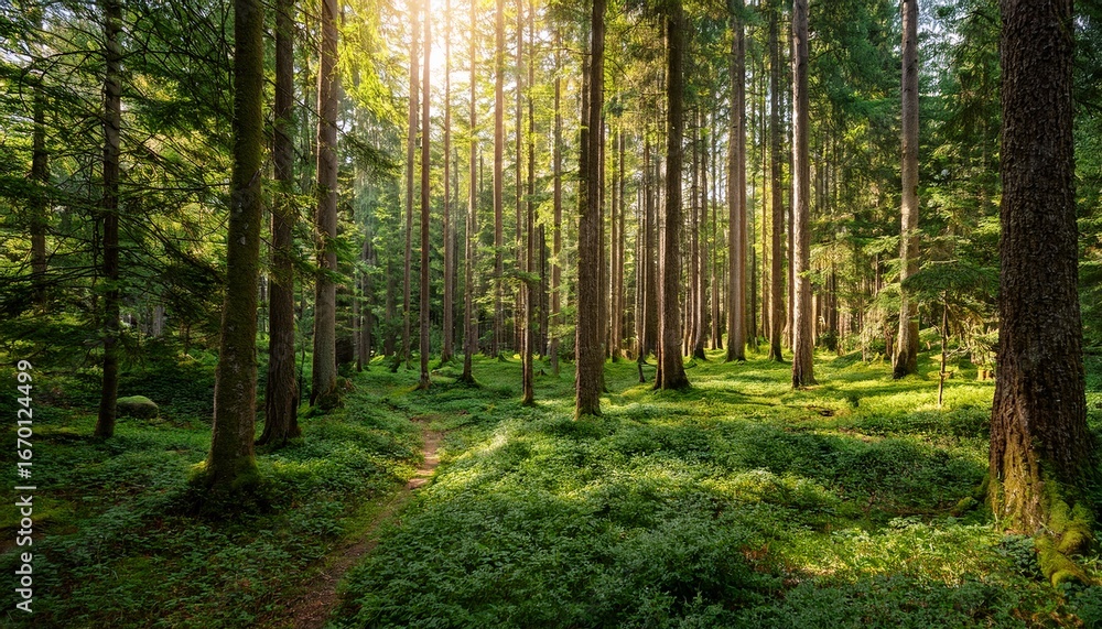 Naklejka premium the forest is characterized by its lush greenery tall trees vibrant foliage and peaceful atmosphere
