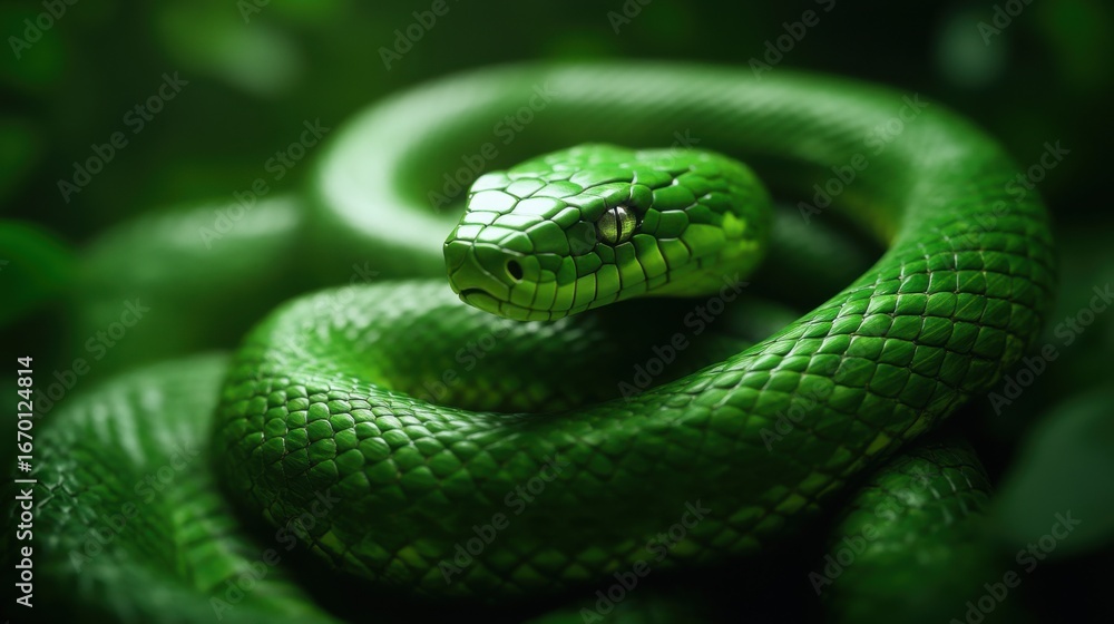 Fototapeta premium Emerald green snake coiled in lush jungle environment