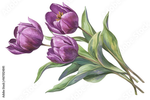 Watercolor illustration of three purple tulips isolated on transparent background