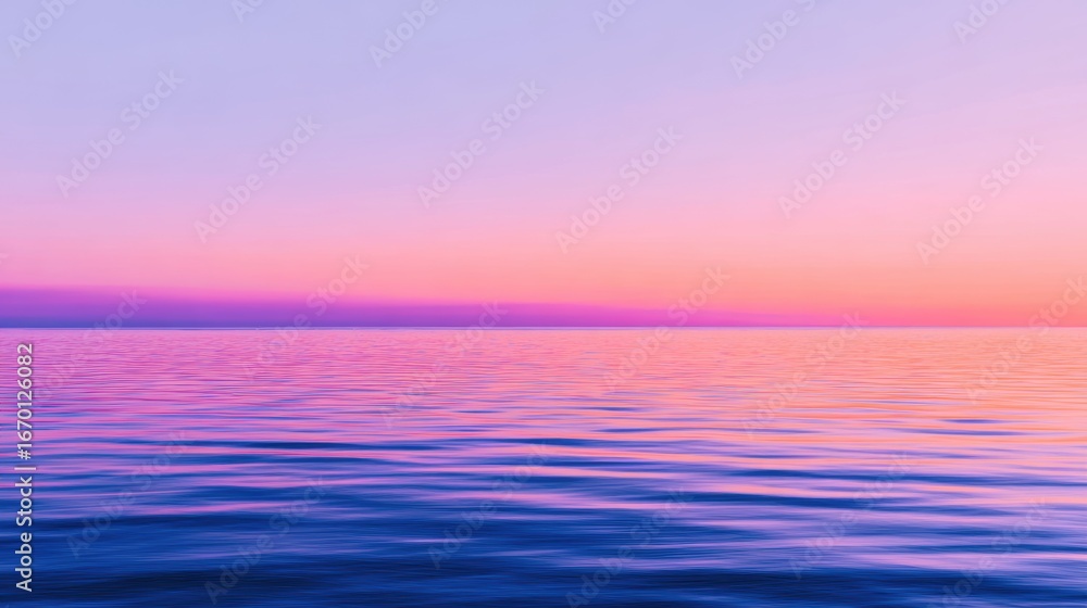 Obraz premium Serene twilight over calm ocean waters, reflecting vibrant hues of purple and pink, peaceful ambiance