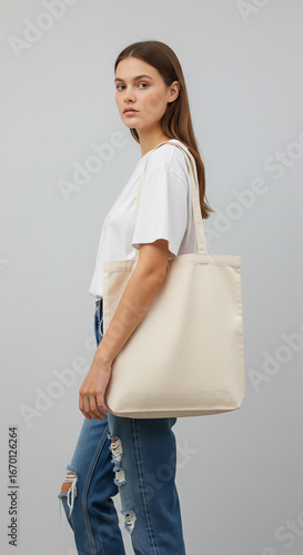 Young woman casually posing with a blank, off-white fabric tote bag, perfect for custom designs or everyday sustainable shopping and personal style