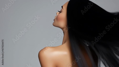 Beautiful woman posing in front of camera with black silky shiny long hair.Slow motion hair products advertising video AI Generative.
