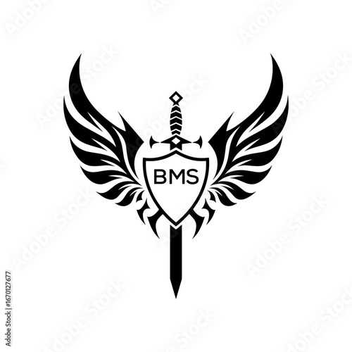 BMS "Warrior Shield and Sword Emblem with Wings Logo," BMS Later Logo, "Black Tribal Winged Sword Crest Vector,"
