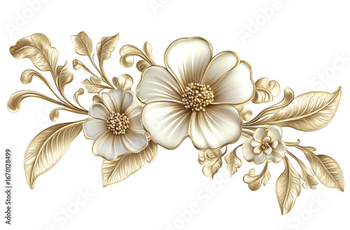 Golden floral decoration isolated on transparent background for design element