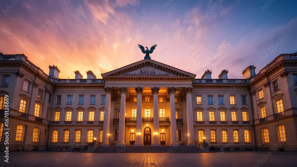 Obraz premium Grand Classical Building at Sunset with Eagle Statue