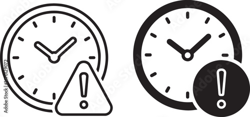 Vector art of clock with exclamation mark icon, black and white