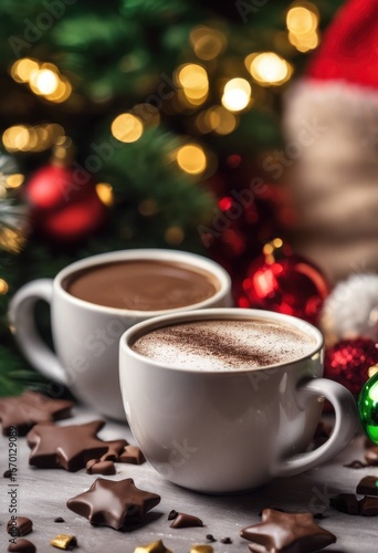 Wallpaper Mural cozy holiday setting with two mugs of hot chocolate surrounded by star-shaped cookies and festive ornaments amid bokeh lights and evergreen decorations, joy, holidaymood, texture, cream, gifts Torontodigital.ca