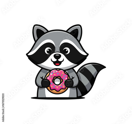 Cartoon raccoon eating a pink donut