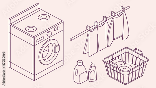Isometric illustration of laundry day washing machine clothesline laundry basket and detergents.