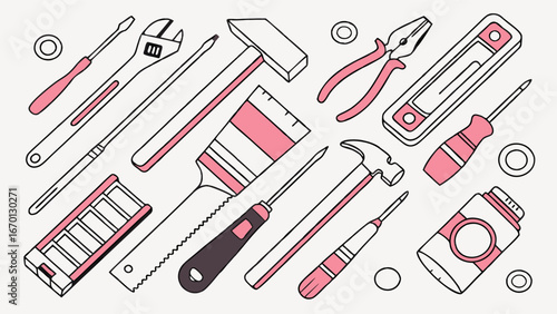 Collection of Hand Drawn Tools DIY Repair Construction and Home Improvement Illustration.