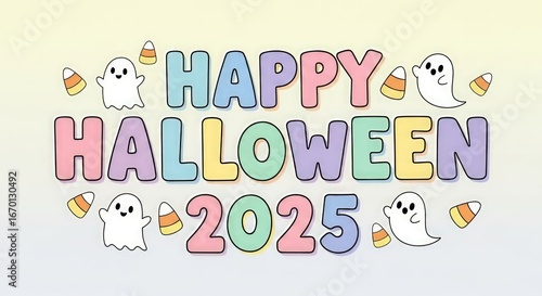 Happy Halloween 2025 celebration with cute ghosts and candy corn decorations