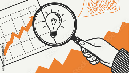 Hand holding magnifying glass over lightbulb and graph showing growth.