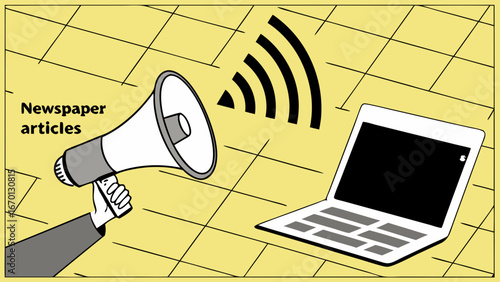 News Dissemination Megaphone Announcing News to Laptop via Wireless Signal.
