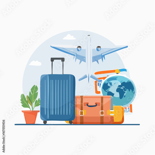 Travel and tourism flat vector icon set with airplane, luggage, hotel, and map symbols. Clean minimal design, perfect for infographic and apps.

