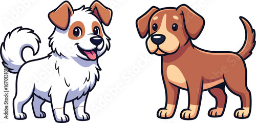 Two adorable cartoon dogs, one white with brown markings and a fluffy tail, the other brown with lighter accents, stand side-by-side.