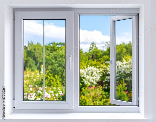 White window overlooking a garden