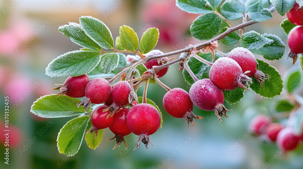 Obraz premium Frosted red rose hips in winter garden. Cold-weather plants.