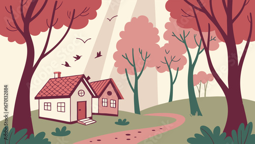 A Colorful Countryside Scene with Two Houses and Trees.