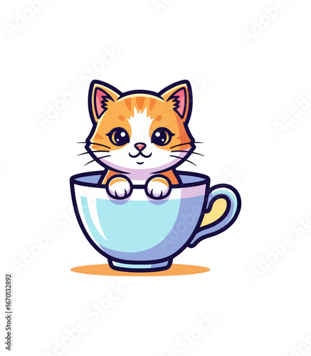Cute cartoon cat in a teacup illustration